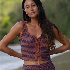Billabong Orange and Blue Striped Tie-Front Crop Top